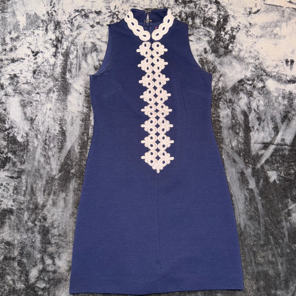 Lilly‎ Pulitzer Navy Blue Scallop Lace Collar Shift Dress 23390 XS